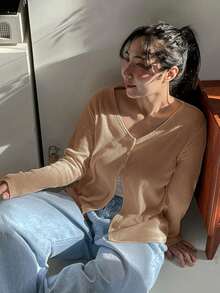 Dazy Petite Plus 1pc Ribbed Knit Button Front Tee - Beige - View 2