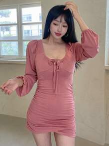 DAZY 纯色系带前褶皱紧身连衣裙，秋季连衣裙长袖连衣裙 - 粉色 - 查看 5
