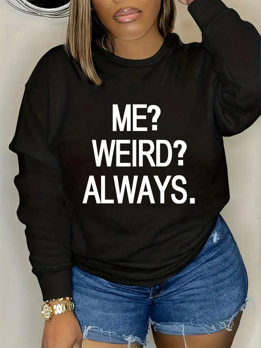 SHEIN EZwear 大碼標語圖案落肩袖運動衫 - 黑色 - 查看 1