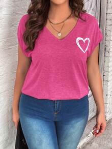 SHEIN LUNE 夏季加大爱心印花蝙蝠袖 T 恤 - 玫紅色 - 查看 3