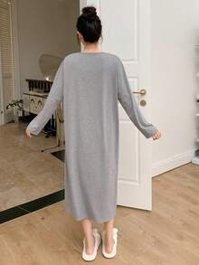 DAZY Slogan Graphic Drop Shoulder Slit Hem Tee Lounge Dress - Grey - View 2