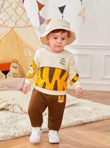 SHEIN Leap Crew Cute Baby Boy Cartoon Cat Pattern Long Sleeve Round Neck Sweater With Elastic Waistband Long Pants Set - Multicolor - View 4