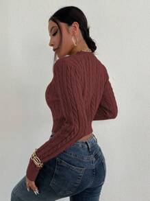 SHEIN Essnce Cable Knit Crop Sweater - Burgundy - View 2