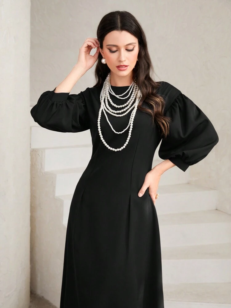 Solid Lantern Sleeve Dress Long Evening Dresses