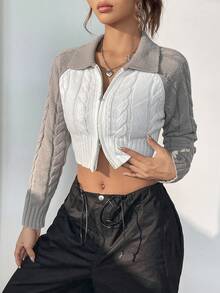 SHEIN EZwear Cárdigan crop de dos tonos de manga raglán con cremallera