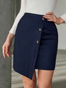RueChic Button Front Asymmetrical Hem Skirt - Navy Blue - View 5