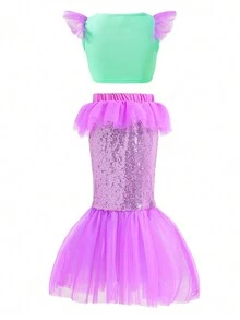 SHEIN Glamorique Kids 女大童亮片拼接荷葉邊短款上衣和美人魚網紗邊半身裙 - 紫羅蘭色 - 查看 5