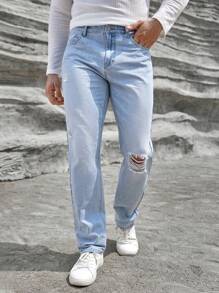 Manfinity LEGND Loose Men's Ripped Straight Leg Jeans - Light Wash - View 4