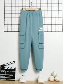 SHEIN Cậu bé Tween Thư được vá Túi nắp bên cạnh Quần thể thao bảo Cargo - Màu xanh lam - Xem 1