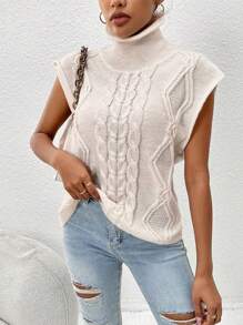 SHEIN LUNE Cable Knit Turtleneck Sweater Vest - White - View 4