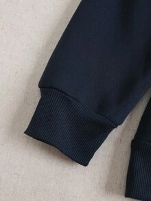 SHEIN EZwear 花和標語圖案加絨內裏運動衫 - 藏蓝色 - 查看 7