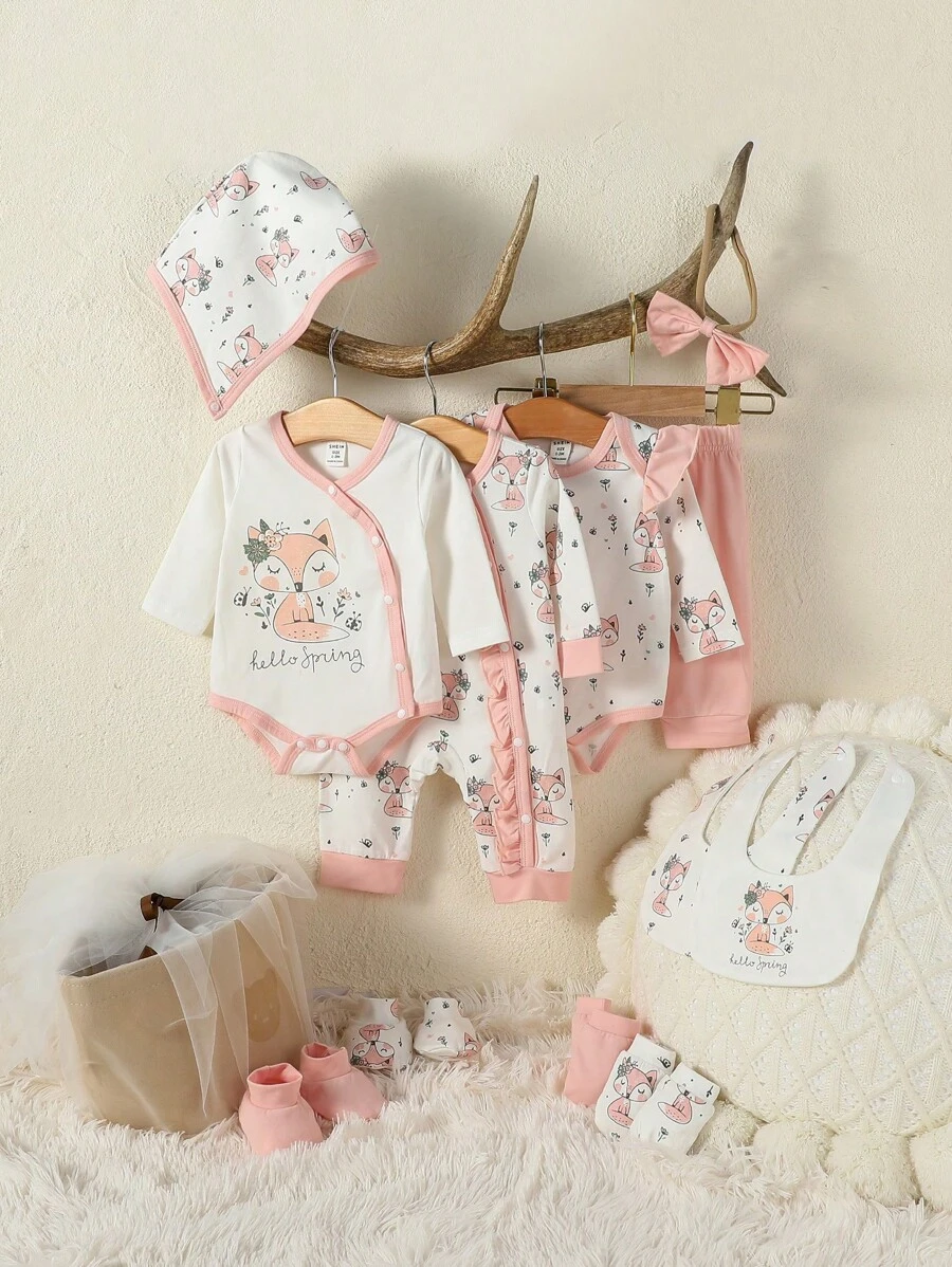 SHEIN Baby Girl Fox Bodysuit & Pants & Jumpsuit & 2pairs Gloves & 2pairs Socks & Bib & Hat & Headband - Multicolor - View 1