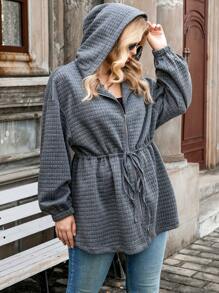 Calvaya 大碼腰部抽繩落肩袖拉鏈開襟連帽外套 - 灰色 - 查看 4