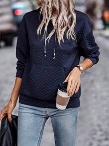 SHEIN LUNE 袋鼠口袋落肩抽繩連帽衫 - 藏蓝色 - 查看 1