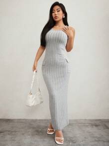 SHEIN SXY Vestido ajustado unicolor tejido de canalé - Gris - Ver 4