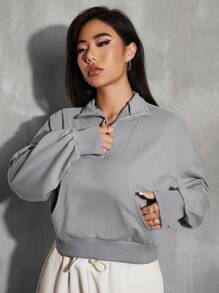 SHEIN Unity Áo nỉ cổ lửng tay trễ vai, kiểu dáng mùa thu. - Xám - Xem 5