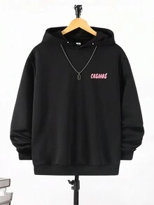 SHEIN 青少年男孩标语卡通图案落肩卫衣 - 黑色 - 查看 5