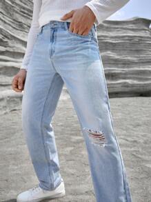 Manfinity LEGND Loose Men's Ripped Straight Leg Jeans - Light Wash - View 6