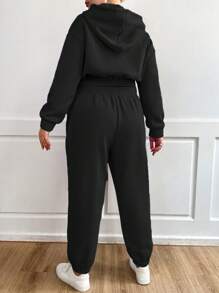 Calvaya Plus Drop Shoulder Drawstring Crop Hoodie & Sweatpants - Black - View 2