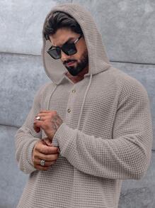 Manfinity Homme Loose Men's Half Button Raglan Sleeve Drawstring Hoodie - Dusty Pink - View 1