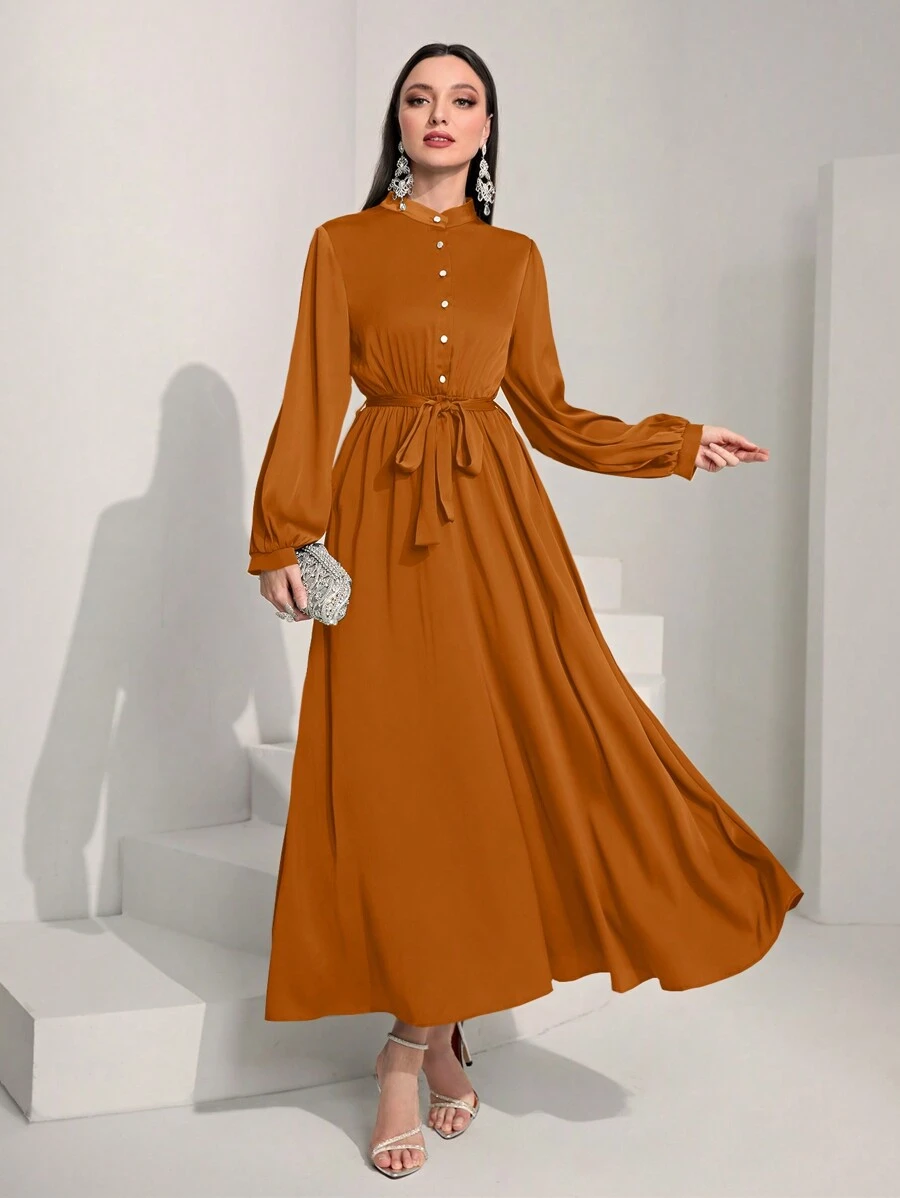 Modelyn Mock Neck Lantern Sleeve Belted Dress - Burnt Orange - View 1