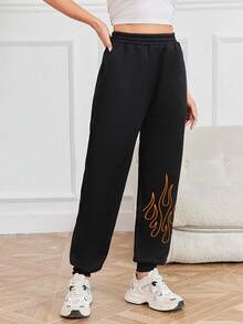 SHEIN EZwear Fire Print Elastic Waist Sweatpants - Black - View 6