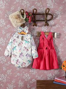 Bebezinha Impressão Floral Acabamento De Babados Bodysuit & Gráfico de Cartoon Vestido Overall & Testeira - Pink - Visão 2