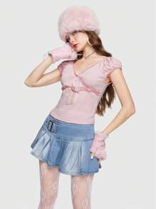 ROMWE Kawaii Frill Trim Bow Front Tee - Pink - View 4