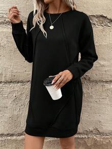 SHEIN LUNE 素色落肩接縫運動衫連身裙 - 黑色 - 查看 4