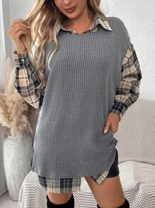 SHEIN Frenchy Plaid Drop Shoulder Blouse & Vest Without Belt Winter - Dark Grey - View 1