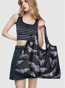 ROMWE Goth 大碼購物袋滿版蝙蝠圖案適用於購物 - 黑與白 - 查看 1