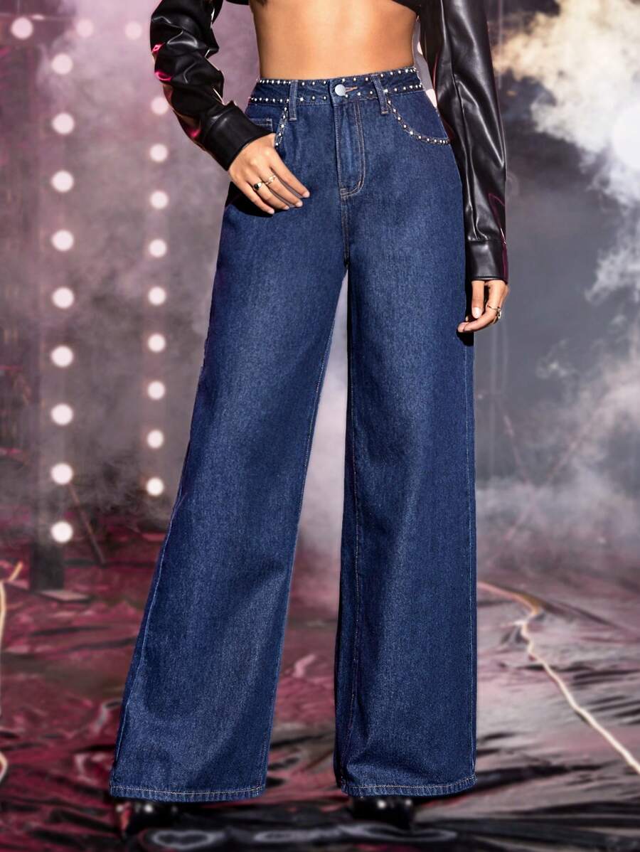 SHEIN 高腰珍珠串珠闊腿牛仔褲 - 深色水洗藍 - 查看 1