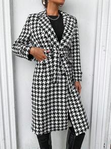 RueChic Allover Print Lapel Neck Double Breasted Overcoat - Black and White - View 5