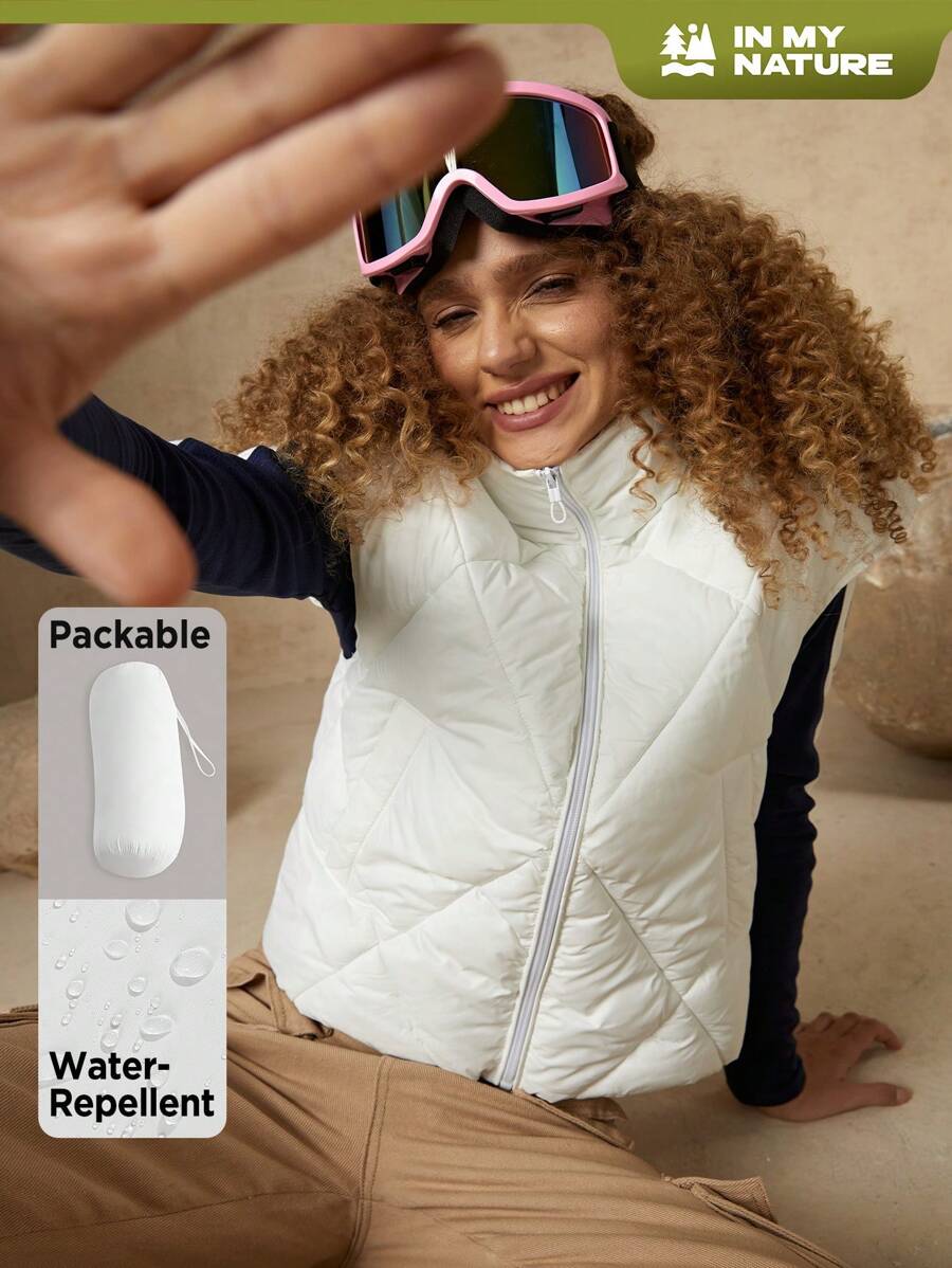 In My Nature Áo khoác vest đệm mỏng cổ khóa kéo màu trơn mùa đông cho nữ - trắng - Xem 1