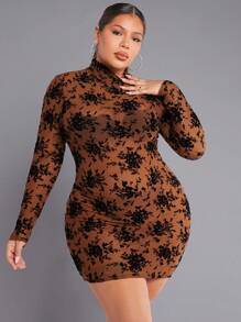 SHEIN SXY Vestido Bodycon De Cuello Alto Y Malla Con Estampado Floral Y Flocado, Atuendo Sexy Para Mujeres En El Club O En Fiestas De Año Nuevo