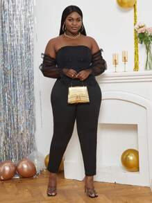 SHEIN Lady 大碼一字肩網紗拼接連身褲 - 黑色 - 查看 1