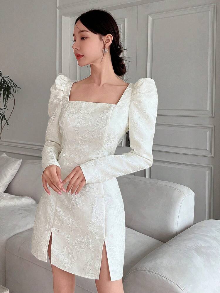 Square Neck Gigot Sleeve Split Hem Dress