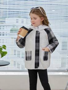 SHEIN Young Girl Contrast Plaid Dual Pocket Raglan Sleeve Hooded Teddy Coat - Multicolor - View 4