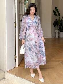 DAZY Floral Print Lantern Sleeve Dress - Mauve Purple - View 4