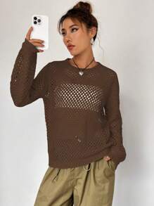 SHEIN Unity 素色鏤空針織落肩袖套頭毛衣 - 棕色 - 查看 5