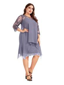 Contrast Lace Asymmetrical Hem Dress - Mauve Purple - View 4