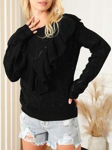 Solid Ruffle Trim Drop Shoulder Pointelle Knit Sweater - Black - View 3