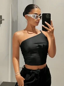 SHEIN ICON 單肩側收褶短款上衣 - 黑色 - 查看 7