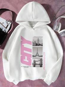 青少年女孩標語圖案加絨內裏連帽衫