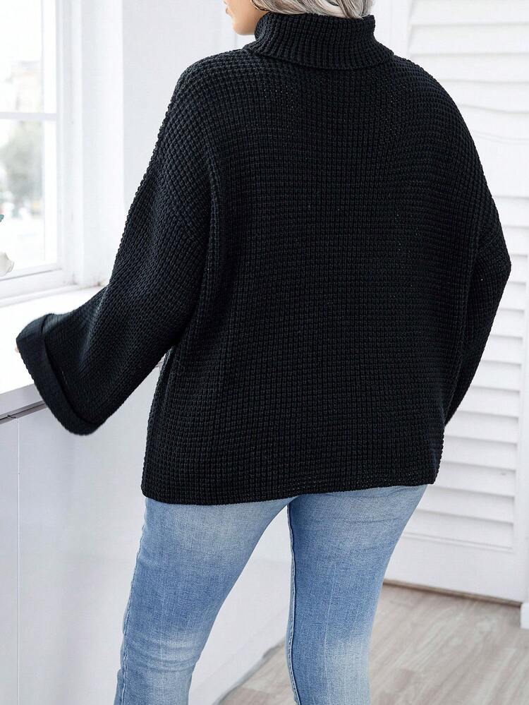 Plus Turtleneck Drop Shoulder Waffle Knit Sweater, For Winter Knit Pullover Fall Autumn