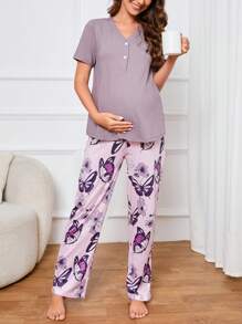 孕婦印花前紐扣睡衣套裝 - 彩色 - 查看 1