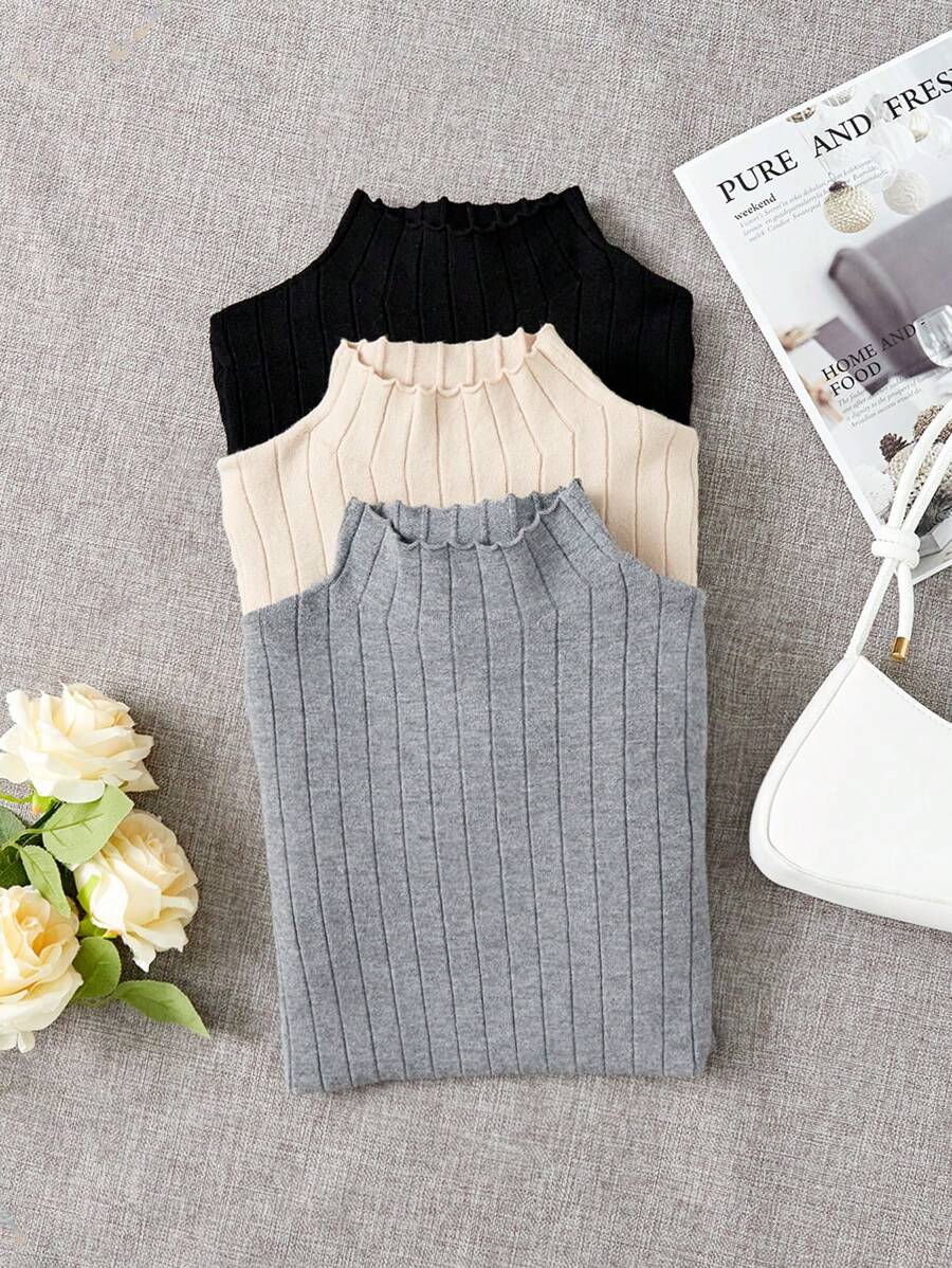 Chiquease 3件套高领罗纹针织荷叶边毛衣，长袖套头针织衫，秋冬毛衣 - 彩色 - 查看 1