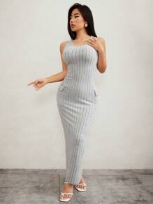 SHEIN SXY Vestido ajustado unicolor tejido de canalé - Gris - Ver 5