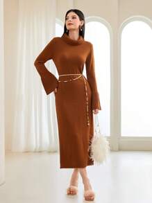 Modelyn Funnel Neck Flounce Sleeve Sweater Dress Without Belt Fall Cloth For Women - Camel - View 6