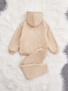 SHEIN Young Girl Zip Up Hooded Thermal Lined Jacket & Pants - Khaki - View 2